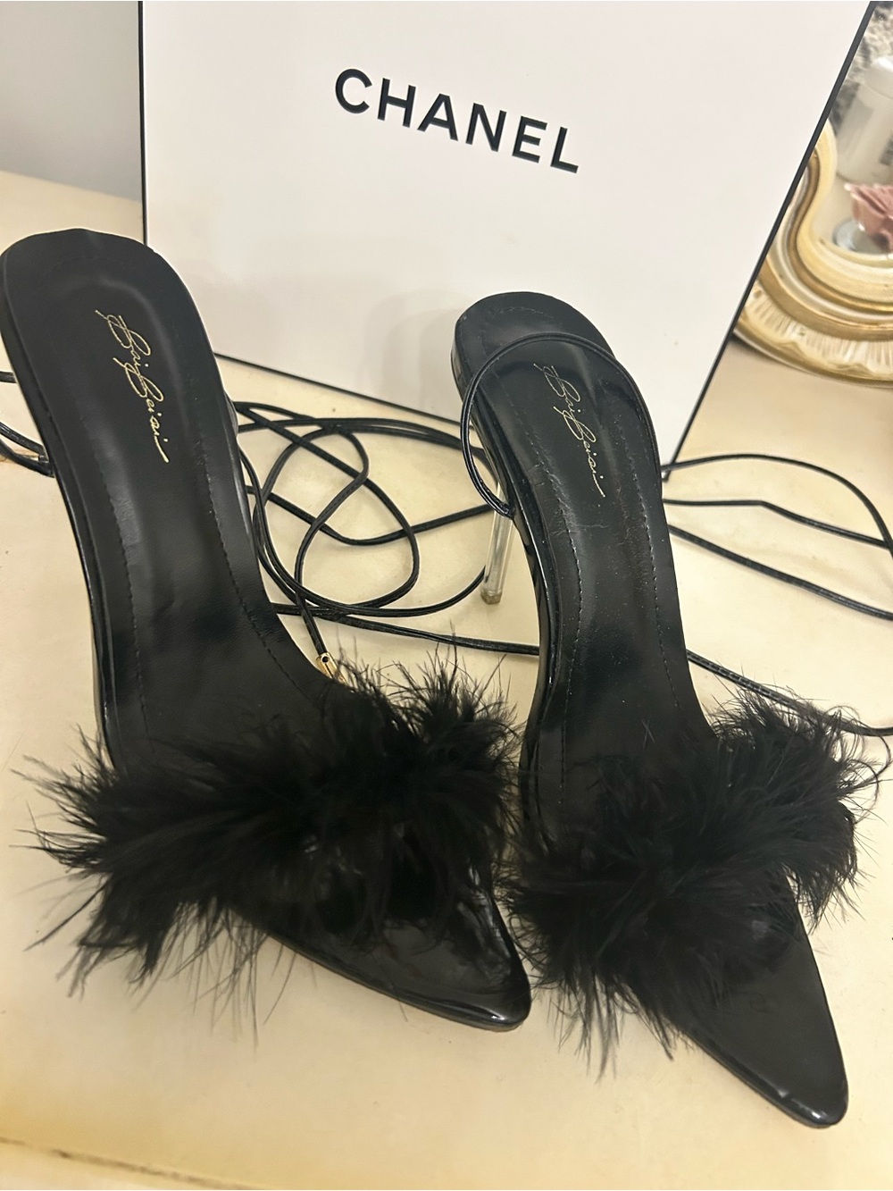 Black Feather-Trimmed Women's Heels